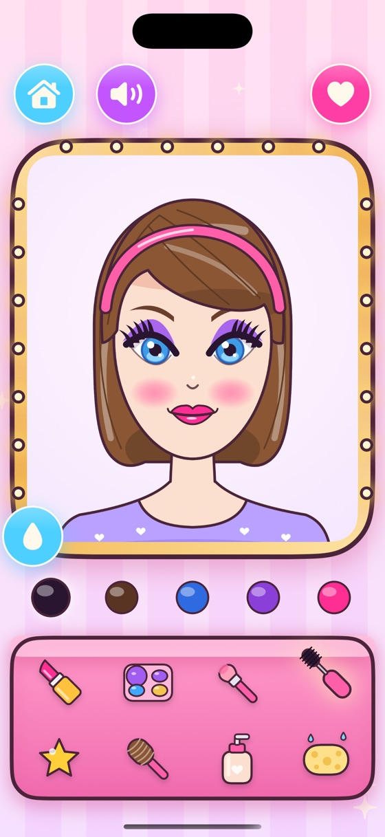 A cartoon girl in a lit mirror wearing purple eyeshadow, mascara, blush and pink lipstick