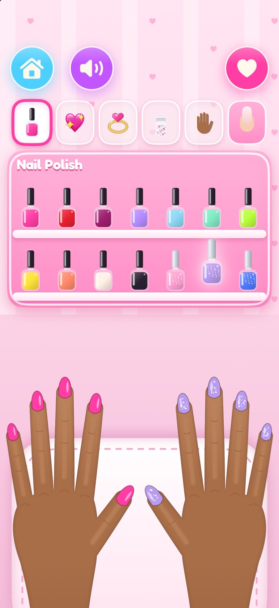 Two brown hands with hot-pink and purple glitter nails below a shelf of nail polishes