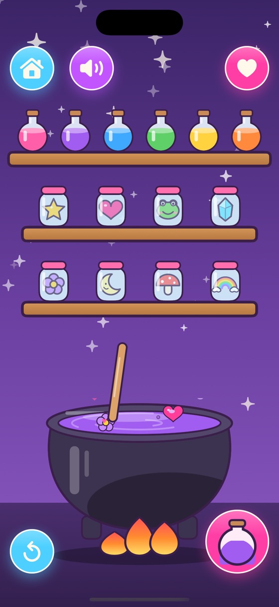 Shelves of potion bottles and charm jars above a bubbling purple cauldron with a heart and a flower floating in it