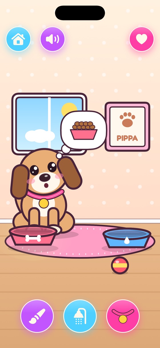 A puppy in its room with a thought bubble asking for food, under a framed PIPPA paw print